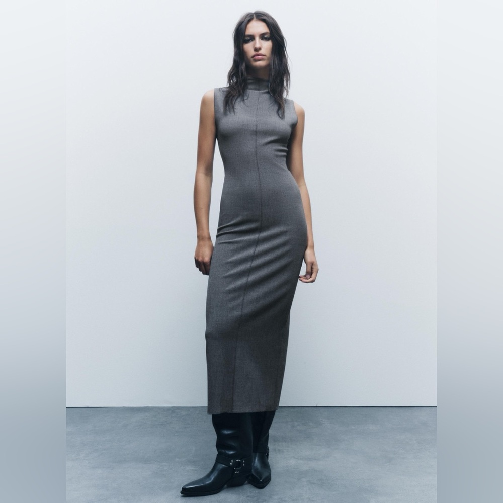 Zara Seamed Fitted Stretch Mock Neck Maxi Dress Size Large